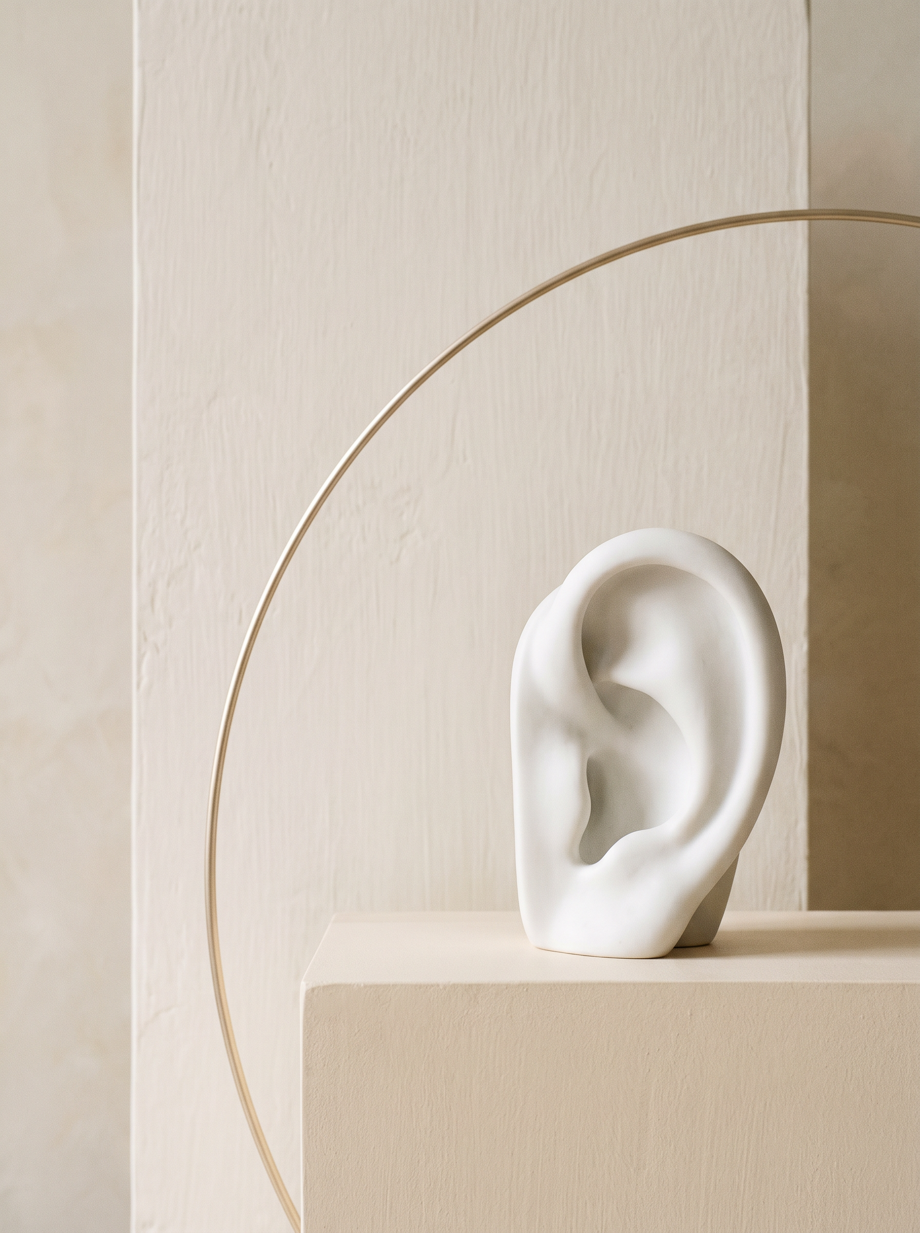 Escultura abstrata de orelha em composição editorial minimalista